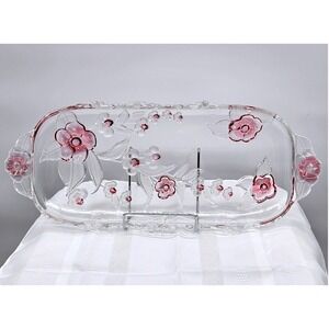 Mikasa Studio Nova Winter Rose Glass Serving Tray Pink Floral Platter Handles
